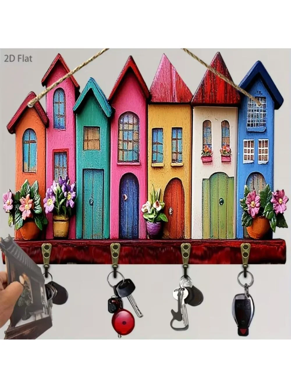 NWT Bohemian Key Rack Colorful Row Houses Wall-Mounted Wooden Key Holder 4 Hooks